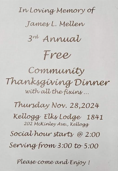 Free Community Thanksgiving Dinner – Kellogg Elks